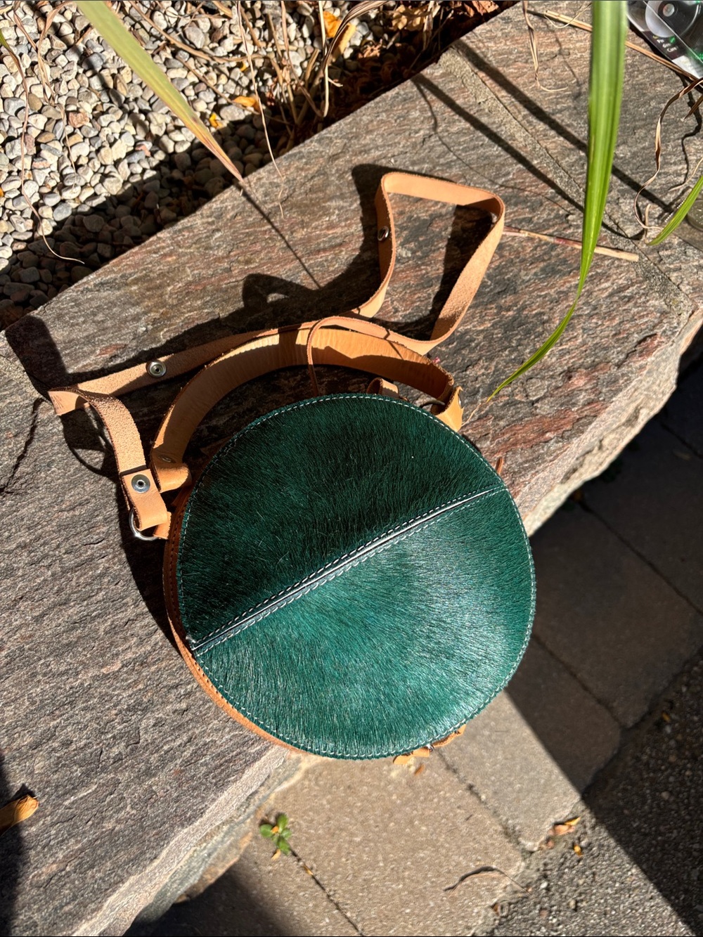 Round Green Haircalf Crossbody Bag with Tan Strap